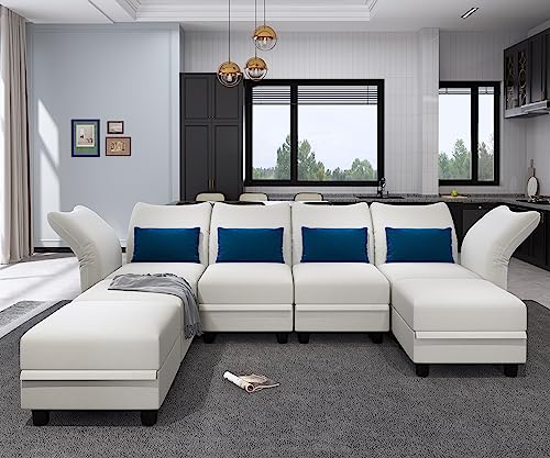 Llappuil Velvet Modular Sectional Sofa 127.7" 7-Seater U Shaped Couch With Storage, High Back Recliner Couches With Chaise For Living Room, Anti-Scratch White #TOP25