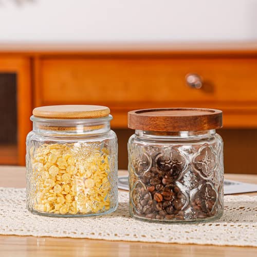 Image of ANSQU Set of 4 Vintage Glass Airtight Storage Jars, 17 FL OZ Glass Storage Containers with Bamboo Lids, Canning Jar for Kitchen Counter, Pantry, Cookie, Coffee, Tea, Sugar, Cute Jars | Glass Food Storage Containers for Coffee, Tea, Sugar, Candy, Cookie, Overnight Oats Containers, Cute Jars