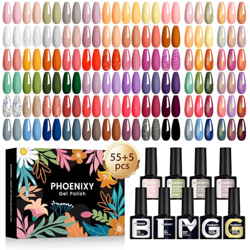 Phoenixy Pintauñas Semipermanentes 55 Colore Esmalte Semipermanente para Uñas con Base y Top Coat Brillante Mate y Glitter Kit de Uñas Semipermanentes