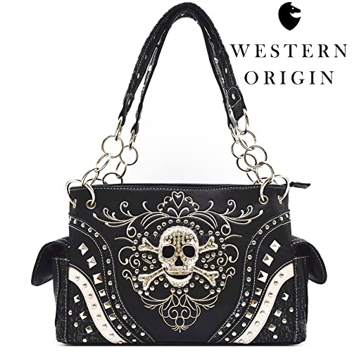 Punk Gothic Rock Metallic Skull Day of the Dead Floral Sugar Skull Leather Purse Women Handbag Shoulder Bag Wallet Set2