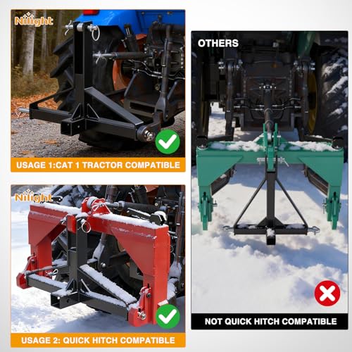 Image of Nilight 3 Point 2 inch Trailer Hitch Receiver for Category 1 Tractor Heavy Duty Quick Hitch Drawbar Adapter 3000LBS Capacity Compatible with Kubota BX John Deere Kioti Yanmar NorTrac Mahindra Ford Cat