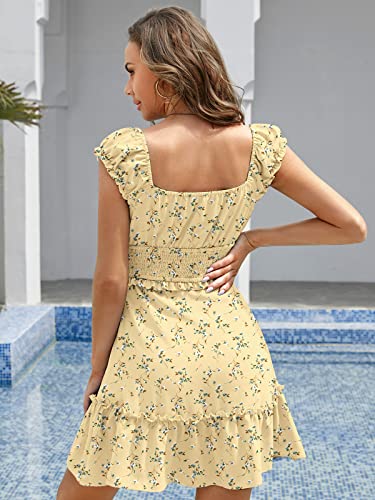 Image of Womens Summer Sundress Ruffle Sleeve Sweetheart Neck Print Mini Dress | Sundresses, Smocked Waist, Boho Floral, Flowy Ruffle Hem, Beach, Country Concert, Date Night