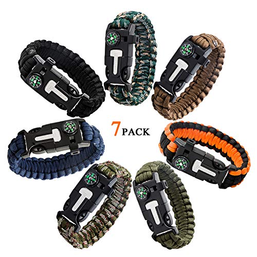 Epartswide Multifunctional Outdoor Survival Paracord Bracelet with Flint Fire Starter,Compass,Emergency Whistle&Knife/Scraper Pack of
