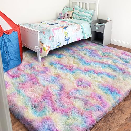 Rainbow Rug for Girls Bedroom, 5x7 Area Rug for Cute Girls Room, Bedside Indoor Floor Fluffy Shag Carpet, Plush Soft Rug for Living Room Nursery Dorm Home Decor