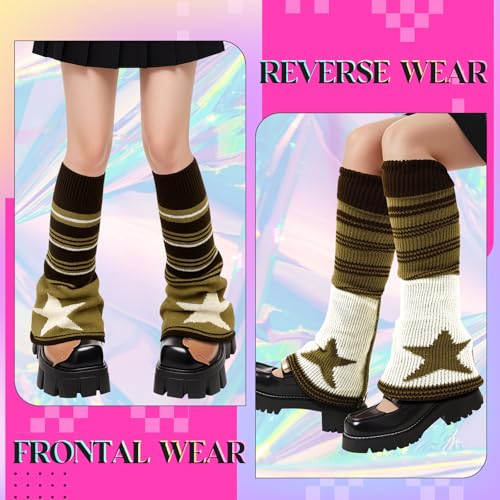 2 Pairs Star Y2k Leg Warmers for Girls Kawaii Harajuku Knitted Flared Leg Warmers Double-sided Skull Brown Goth Accessories Crochet Lolita Emo Gift for Women Daily Wear Party4