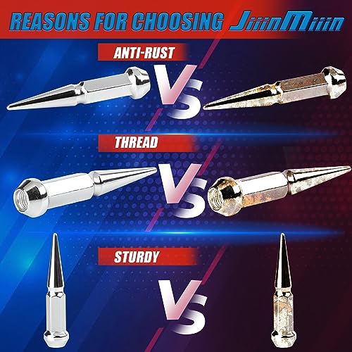 Image of JiiinMiiin M10x1.25 Long Steel Spike Lug Nuts, Thread Pitch 10x1.25, Set of 16 ATV Wheel Nuts with A Socket. [Chrome]