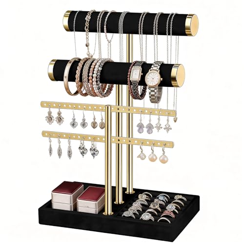 Yoodriy Organizador de Joyas con 3 Niveles, Soporte Desmontable para Joyeros de Terciopelo, Cuelga Collares, Jewelry Expositor para Mujer de Pendientes, Pulseras, Collares, Relojes, Anillos (Negro)