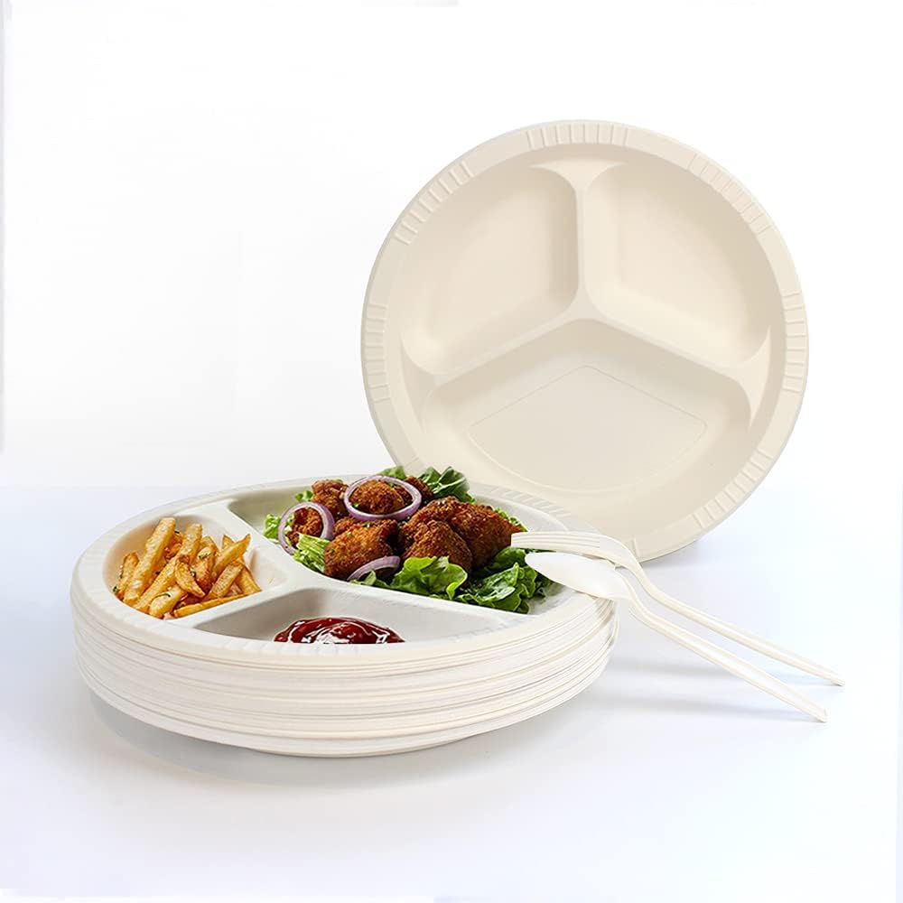 Disposable Tableware Sets For 50 Guests Biodegradable Plates 3 Grid Compostable Eco-Friendly Dinnerware Cornstarch Cutlery Plates Forks Knives Spoons Picnic BBQ Party