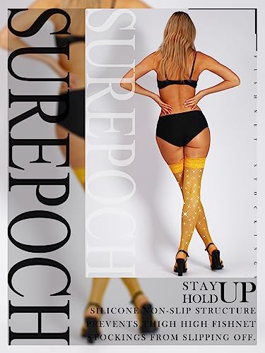 Image of SUREPOCH Sparkly Rhinestone Fishnet Thigh High Stockings for Women Silicone Lace Top