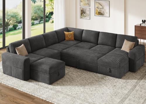 Image of HONBAY Modular Sectional Sleeper Sofa with Pull Out Bed Oversized Corduroy L Shaped Sofa Bed with Storage Couches for Living Room,Dark Grey