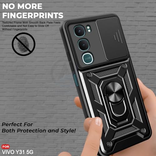 Image of Luxe Back Cover Compatible for Vivo Y31 | D10 Tough Armor Case | Sliding Camera Shield | 360 Protection | Kickstand Ring Holder | Military-Grade Bumper Case - Black