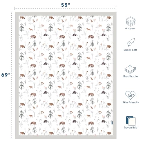 Image of GRSSDER Cotton Muslin Quilt Blanket - Silky Soft and Breathable Kids' Throw Blanket, Oversized Muslin Blankets for Newborns, Toddlers & Kids, 6 Layers Reversible Design for All Seasons, 55 inch x 69 inch
