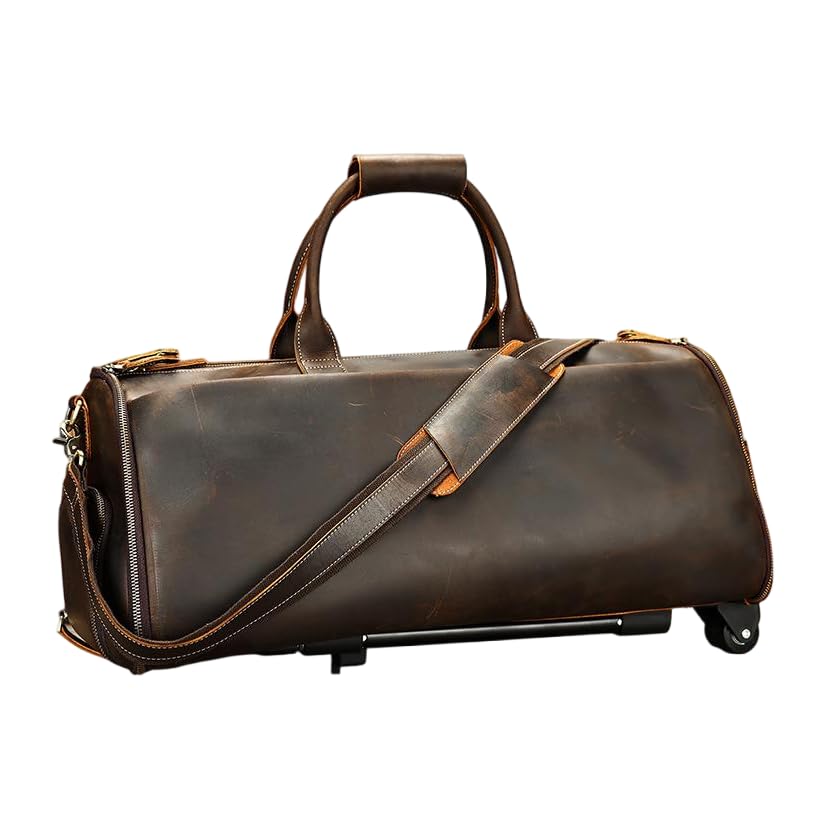 Men's Leather Duffle Bag with Wheels – Rolling Travel Duffel with Telescopic Handle, Large Carry-On Luggage for Business Trips & Weekend Getaways (Dark Brown, 23”) (Dark Brown)