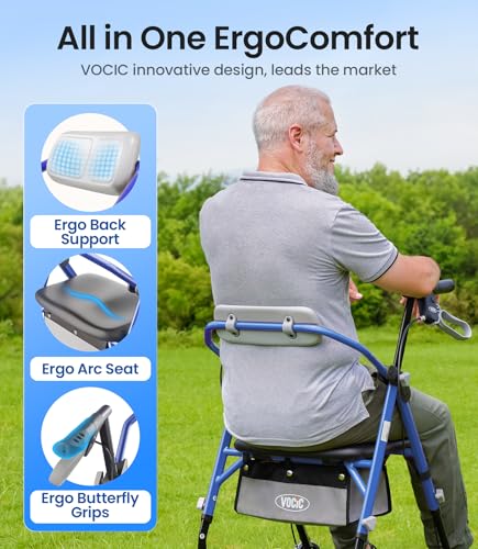 Image of VOCIC Z12 Walker for Seniors with Seat, 13.4 LBS Ultra Light, 350 LBS | Ergo Seat & Backrest for Comfort, Height Adjustable & Easily Foldable for Seniors, All Terrain Wheels, Silver