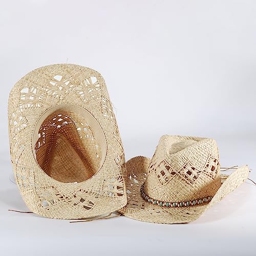 Image of Men's Cowboy Hats Summer Women Beach Cowgirl Hat Raffia Unisex Western Sun Hat