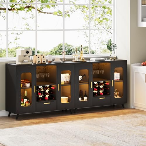 Bar Cabinet with Power Outlets, Modern Coffee Bar Sideboard with LED Light, Farmhouse Liquor Cabinet with Wine Rack, Glass Holder & Wine Storage, Black - Image 5