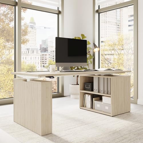 Image of Bush Business Furniture 72-inch Electric Height Adjustable Standing Desk with Bookcase, Ergonomic Sit-Stand Computer Table for Office, Stratus Collection, Natural Elm with White Base