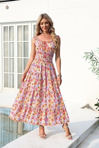 Image of OSTOO Women's 2026 Summer Boho Floral Print Tiered Casual Flowy Long Maxi Dress