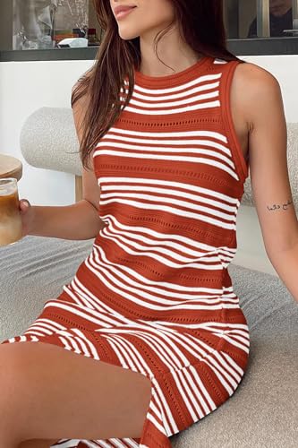 Image of PRETTYGARDEN Summer Dresses for Women 2026 Casual Sleeveless Hollow Out Knit Side Slit Striped Beach Vacation Midi Dress