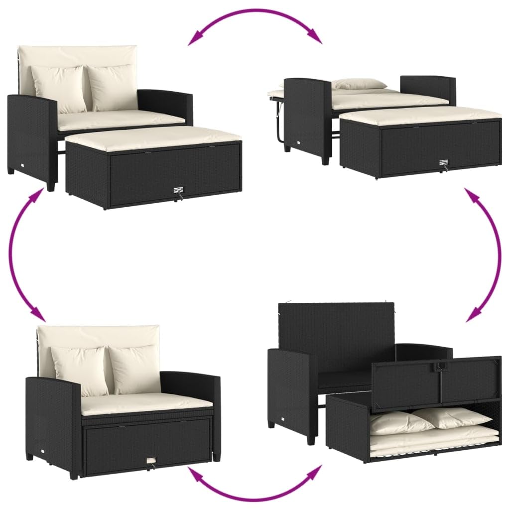 Divano da Giardino 2 Posti con Cuscini, in Polyrattan Nero e Acciaio, Design Convertibile, Set Giardino Esterno, Salotto da Giardino, per Terrazzo e Giardino, Colore Nero, 115 x 75 x 91 cm