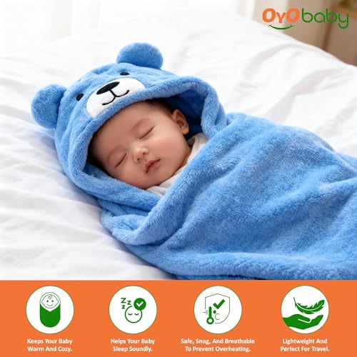 Image of OYO BABY Newborn Baby Blanket & Bath Towel /Bath Robe Combo Pack - 2 Pieces, Fleece (Pink Kitty & Blue Bear), Multi-Use for Babies 0-12 Months