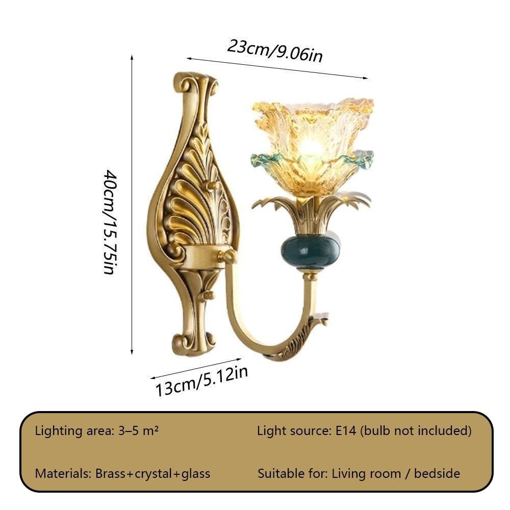 Aplique de Pared de Cristal Floral, Lámpara de Vela Francesa de Latón E14/Luz Cálida
