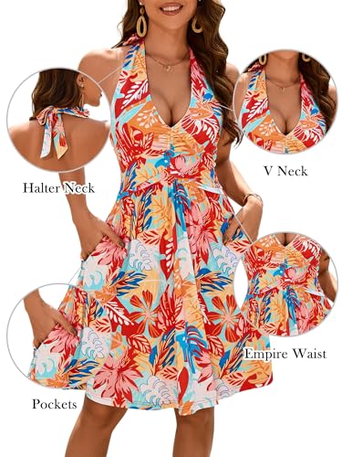 ZABERRY Women Summer Sundresses Halter Neck Deep V Tie Backless Floral Ruched Vacation Beach Dresses 2025 with Pockets2