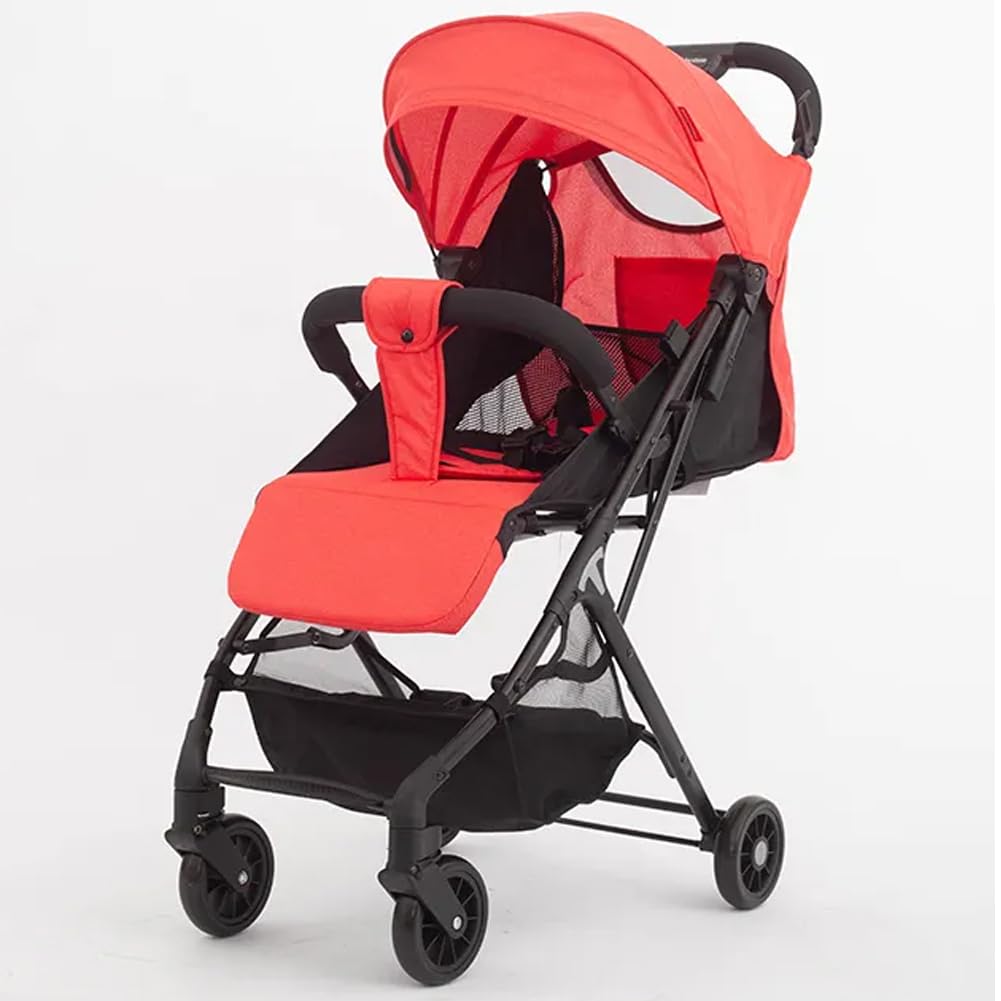 BAKAJI Passeggino Pro Ultra Leggero con Chiusura Facilitata Portata Massima 15 kg, Schienale Reclinabile con Cintura di Sicurezza a 5 Punti, Pieghevole con Una Mano, Salvaspazio (Rosso)