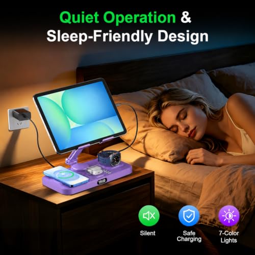 Image of 6 in 1 Charging Station for Samsung Multiple Devices, Foldable Wired Charging Stand for iPad /Tab with Clock & Light, Charger for S26 /S25 Ultra /Z Fold 7 & Buds, Only for Galaxy Watch(Purple)
