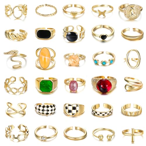 Florideco 30Pcs 18K Gold Chunky Rings for Women Gold Plated Rings Chunky Twisted Signet Ring Stackable Knuckle Midi Ring Adjustable Open Ring Sets