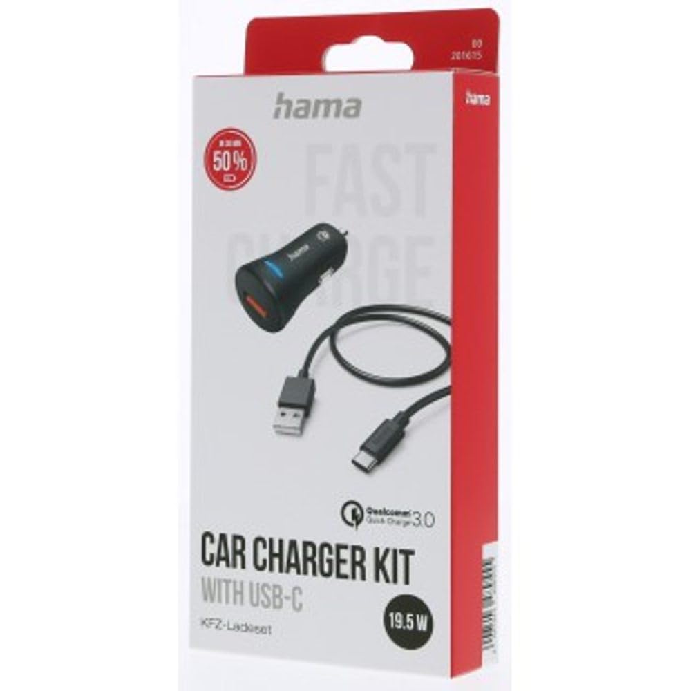 Hama Ładowarka Samochodowa + Kabel USB A - Typ C 1,5 m, Quick Charge, 19,5 W, do Zapalniczki Samochodu, Czarna