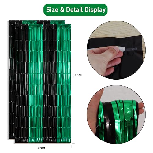 Image of TONIFUL Black and Green Fringe Backdrop Curtain 2026 Graduation Parties 2Pcs 3.3x6.6 ft Metallic Tinsel Foil Fringe Photo Booth Backdrop Door Streamers for Birthday Soccer Themed Party Decorations