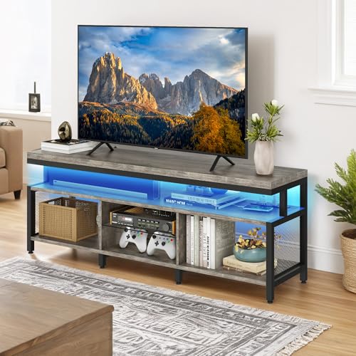 DWVO Living Room TV Stands for 70/65 inch TV LED Entertainment Center with Storage, Modern Television Stand, Industrial Media Console Cabinet with Power Outlets, Grey