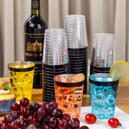 Image of DaYammi 100 Pack Black Plastic Cups 10Oz Clear Disposable Cups with Black Rim, Clear Cocktail Cup Heavy Duty Disposable Wine Glasses Disposable Fancy Plastic Cups for Party Wedding