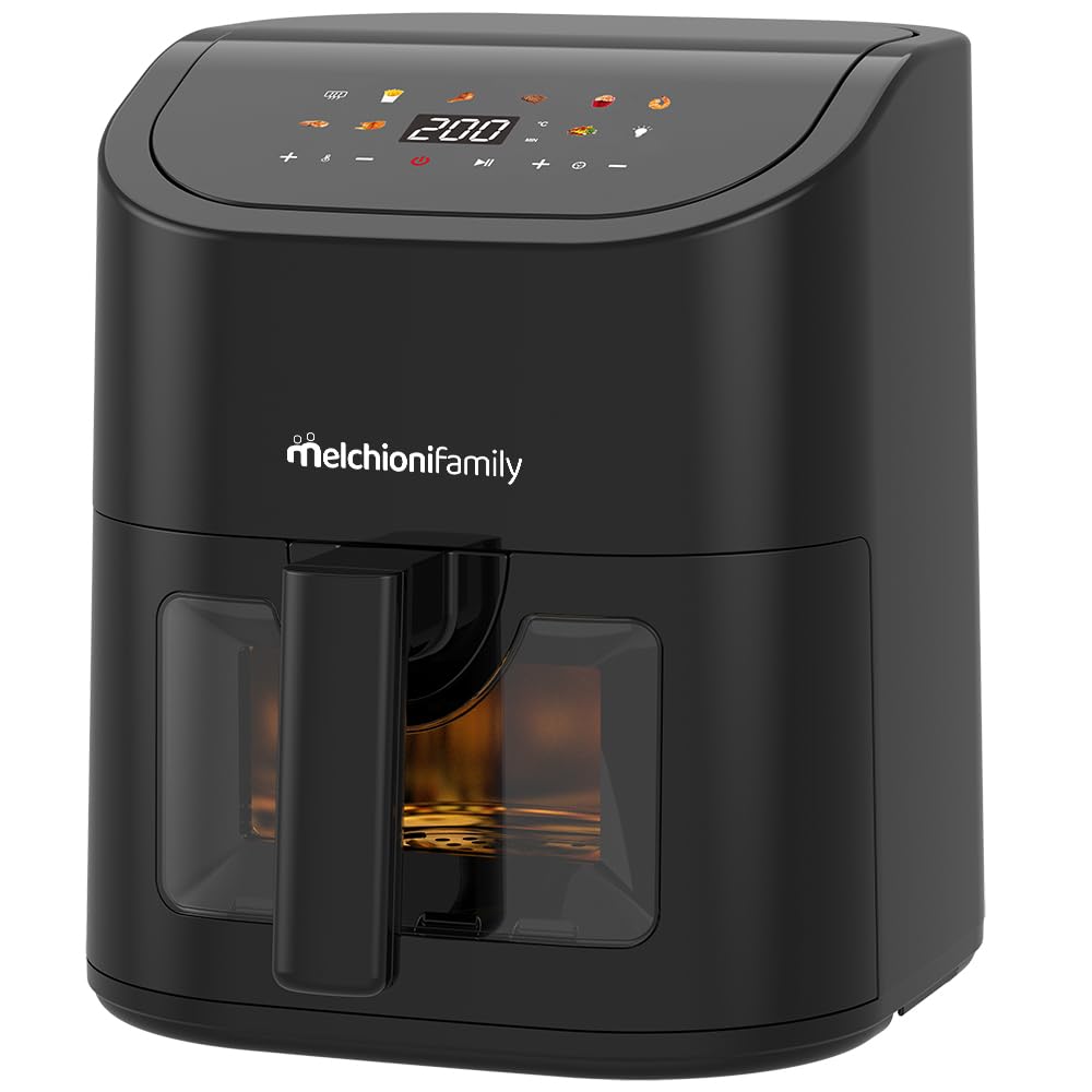 Melchioni Family | Friggitrice ad Aria Emma 5L, 8 Programmi, Display Touch, 1600W, Temperatura 50-​200°C, Antiaderente, Compatta e Controllo Visivo