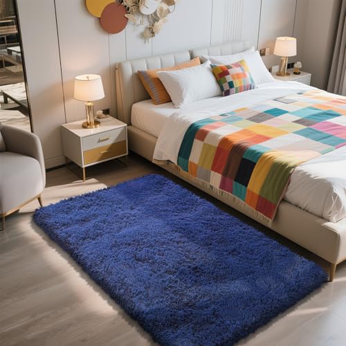 Shag Area Rug for Bedroom 3x5,Blue Fluffy Area Rugs for Living Room,Soft Fuzzy Rug Non-Shedding Indoor Plush Carpet for Kids Bedroom Nursery Dorm Home Decor