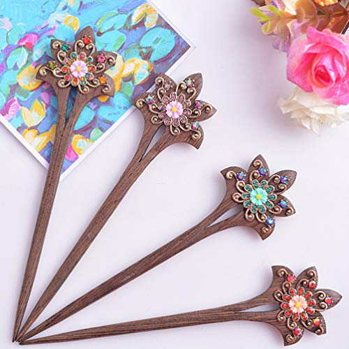 image for Minkissy 4Pcs Chinese Hair Sticks Vintage Wood Hair Chopsticks Rhinest