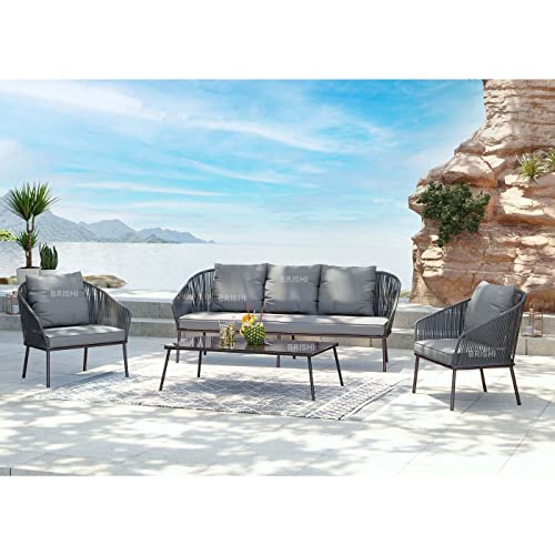 Image of Amazon Brand - Solimo Solix Outdoor Rope Sofa Set | Balcony Sofa | Patio Conversation Sets | Braided Rope Garden Sofa Set and Center Table (5 Seater-Dark Grey)