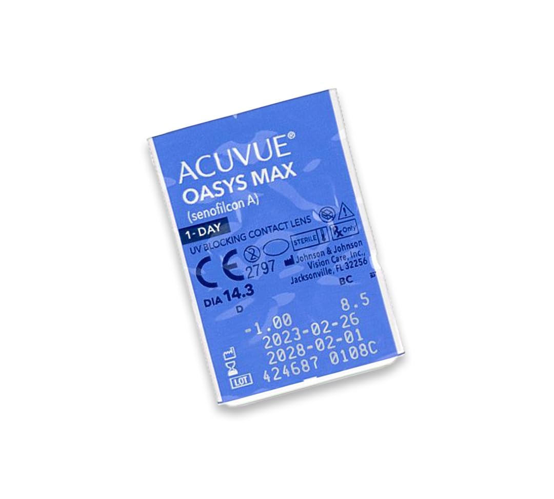 ACUVUE OASYS MAX jednodniowe soczewki kontaktowe – pomagają zmniejszyć uczucie zmęczenia i suchości oczu – 90 soczewek kontaktowych o rozdzielczości +7,50 dpt i BC 8.5 – ochrona przed promieniowaniem