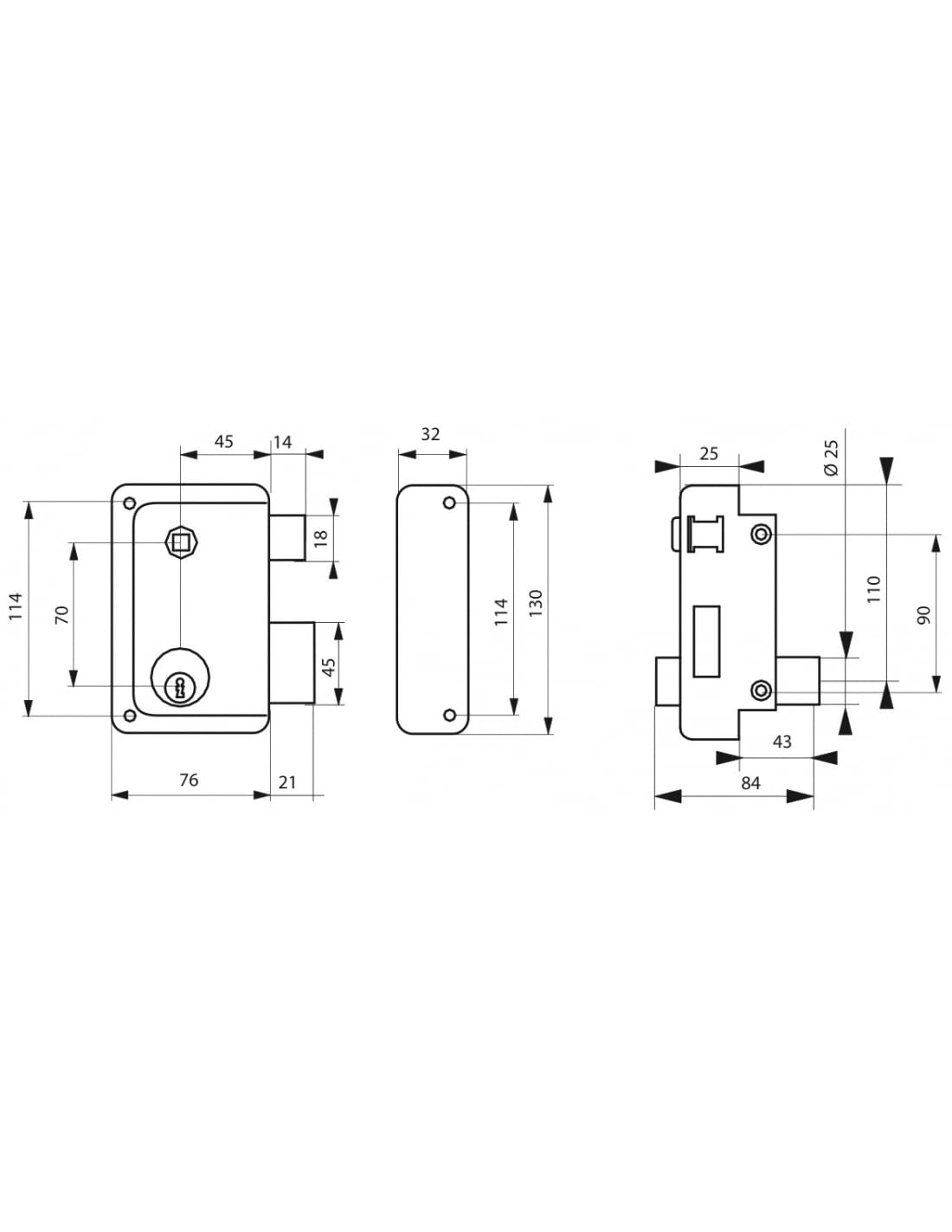 THIRARD - Cerradura de embutir vertical de doble entrada para montaje en superficie para puerta principal, mano derecha, 76x130 mm, pestillo de 45 mm, color negro, 3 llaves.