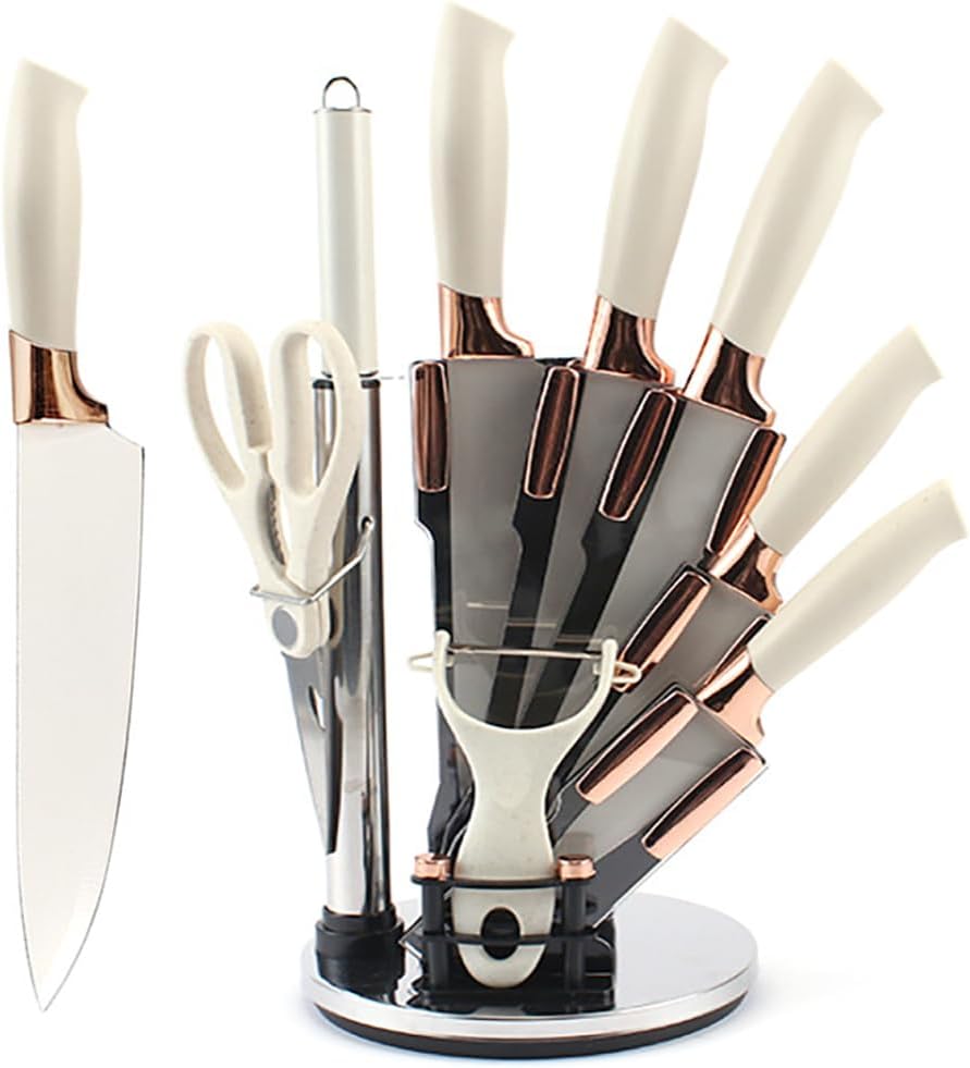 Knife Set, 9 Pcs Kitchen Stainless Steel Non Stick Knife Block Set Sharp Cutlery Knives Set with Sharpener Knives Set with Rotatable Storage Stand,Scissors White Knife Set, 9 Pcs Kitchen Stainless Steel Non Stick Knife Block Set Sharp Cutlery Knives Set with Sharpener Knives Set with Rotatable Storage Stand,Scissors White