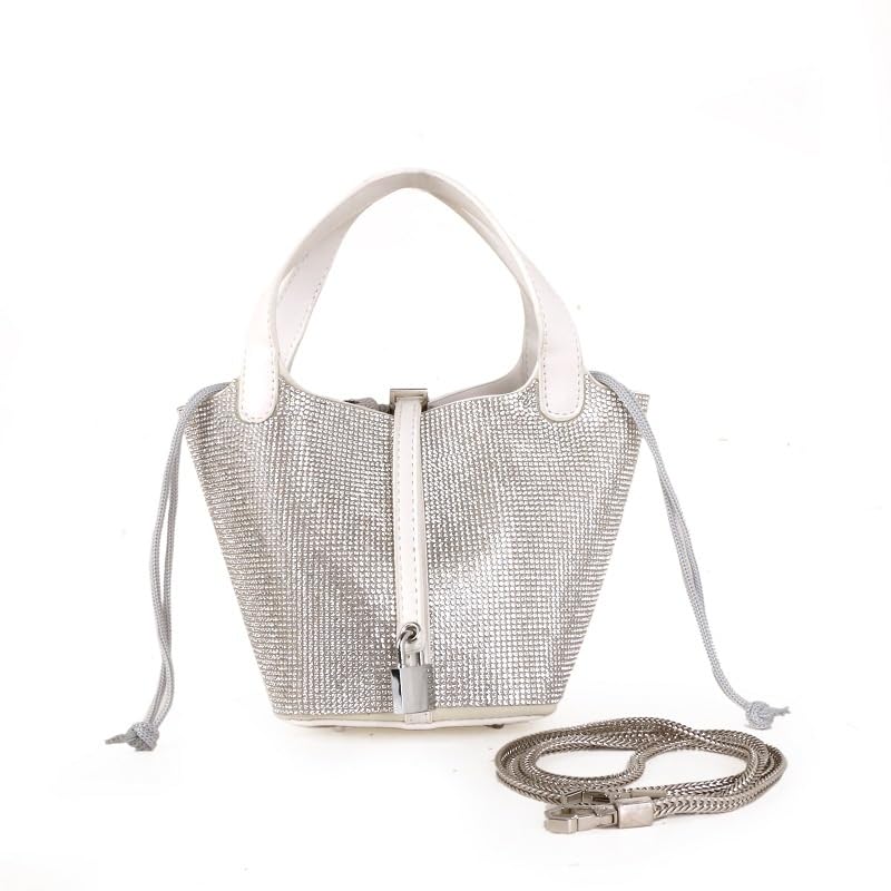 Women's Leather Bucket Bag Sparkling Rhinestone Leather Handbag Lock Design Top-handle Purses Shoulder Handbag