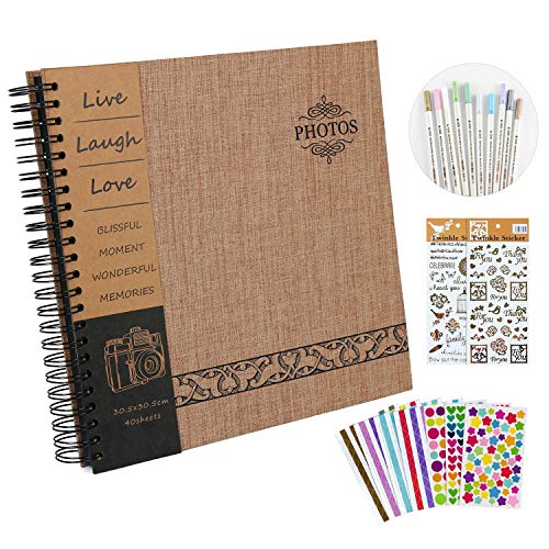 Hotipine - Álbum de fotos retro para manualidades, 40 hojas negras (10 bolígrafos metálicos), regalo de cumpleaños, bodas, Navidad, 12 x 12 cm, cubierta marrón lino
