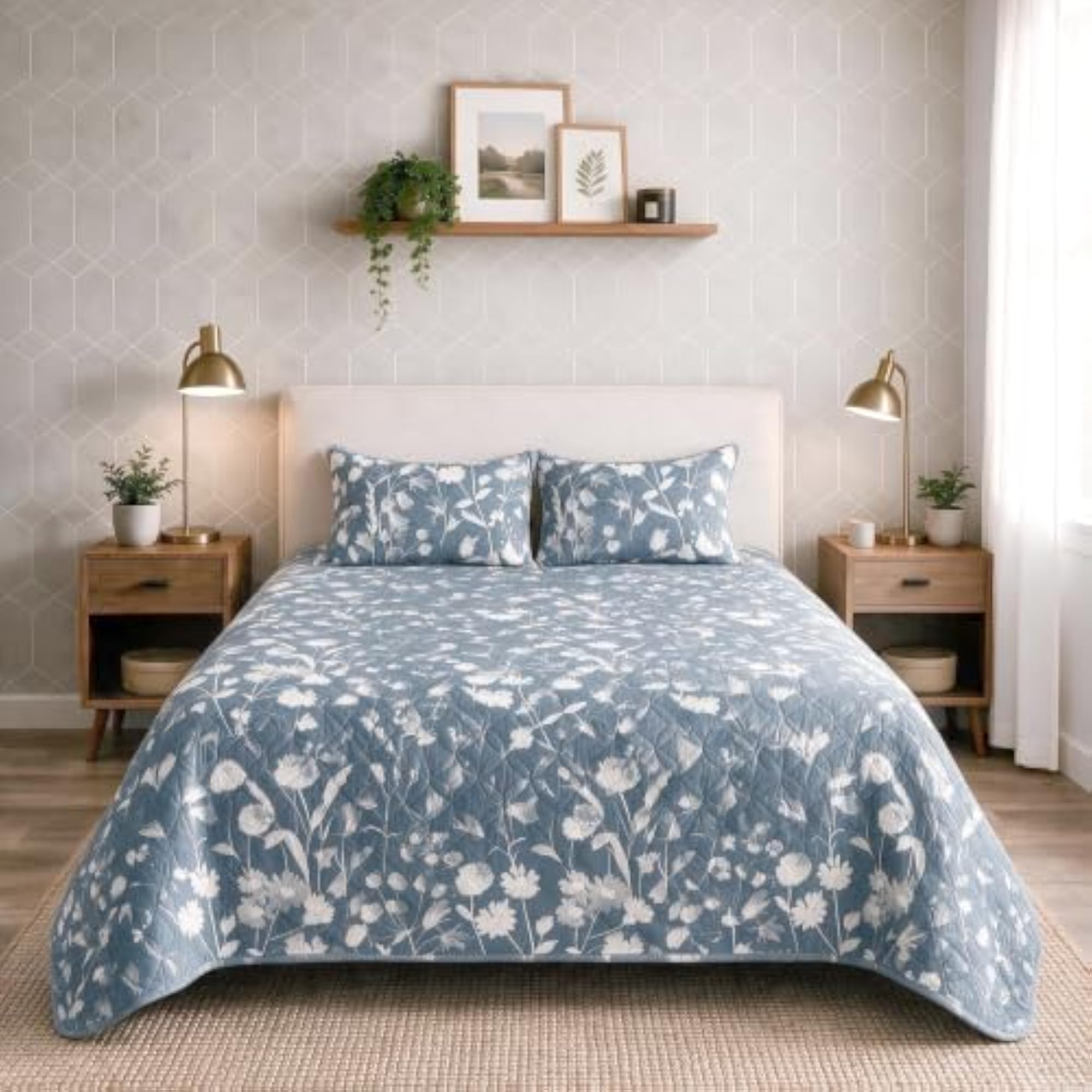 Cotton Reversible 3PC Quilted Bedspread King Size Blossomy Blue & White