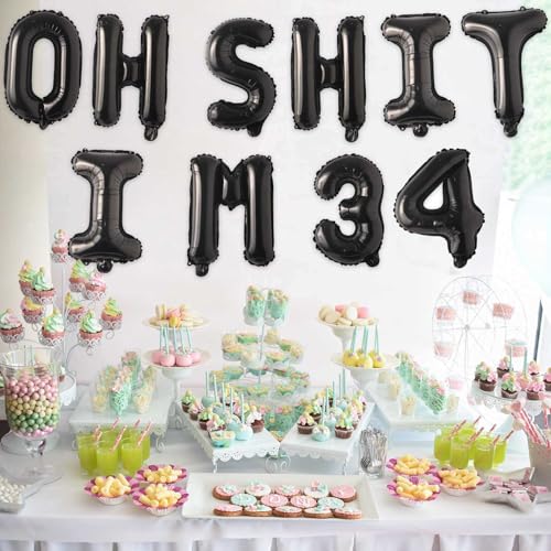 Image of Oh I'm 34! Latex Balloons 16 Inch Black Hallo Thirty four Cheers to 34 Years Old Theme Decor for Man Woman Happy 34th Birthday Party Photo Studio Prop Flag Decorations Favors Supplies