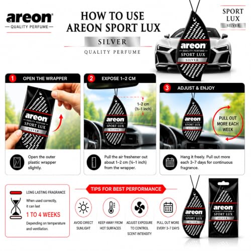 Image of AREON Sport Lux SILVER - Hanging Cardboard Air Freshener for Car, Home & Office - Premium Cologne Perfume with Natural Fragrances - Long Lasting, Fresh, Luxurious Scent - Stylish Design - Pack of 3