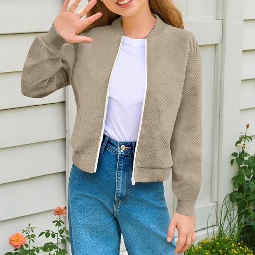 Full Zip Jackets for Girls Bomber Jacket Textured Lightweight Jackets Casual Stand Collar Coat Fall Crop Outerwear2