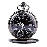 DECHOUS 懐中時計 機械式 ナースウォッチ スチームパンク 時計 アンティーク ローマ数字 黒地 金文字 白針 女性 メンズ レディーズ チェーン付き キーホルダー かいちゅう時計