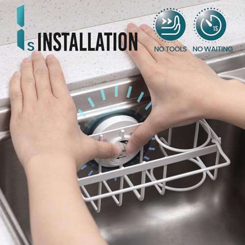 Image of TAILI 4-in-1 Sponge Holder for Kitchen Sink with Strong Suction Cup-White | Removable Rustproof 304 Stainless Steel Multi-compartment Sponge Holder with Suction Cup, Keeps Brushes & Scrubbers Tidy