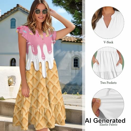 Image of Womens Summer Dress Ruffle Sleeve V Neck Dress Casual Fit Flowy Beach Vacation Sundress with Pocket S-2XL